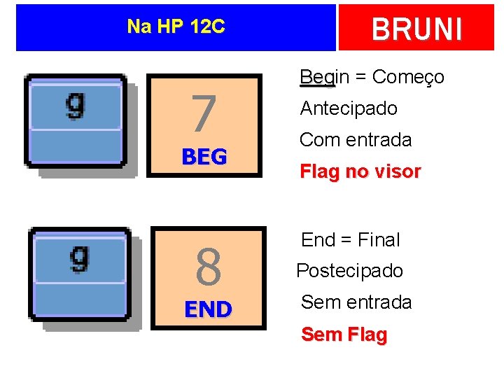 Na HP 12 C 7 BEG 8 END BRUNI Begin Beg = Começo Antecipado