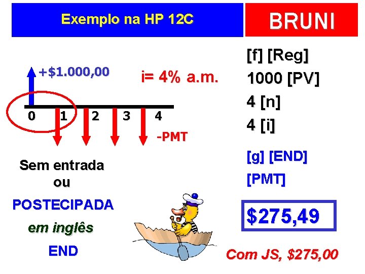 Exemplo na HP 12 C +$1. 000, 00 0 1 2 i= 4% a.