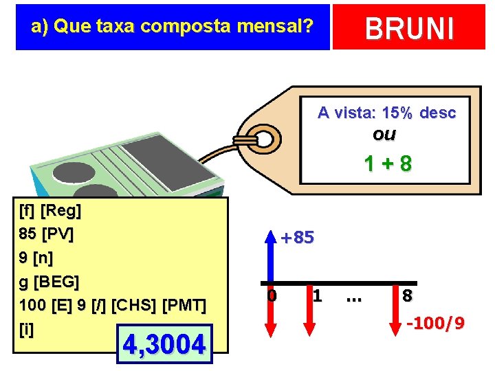 BRUNI a) Que taxa composta mensal? A vista: 15% desc ou 1+8 [f] [Reg]