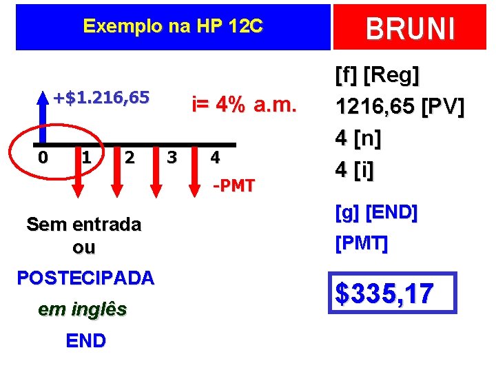 Exemplo na HP 12 C +$1. 216, 65 0 1 2 i= 4% a.