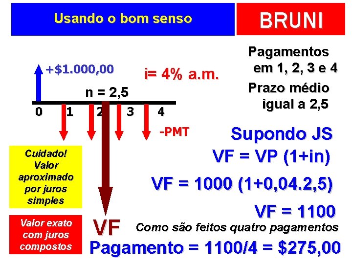 BRUNI Usando o bom senso +$1. 000, 00 i= 4% a. m. n =