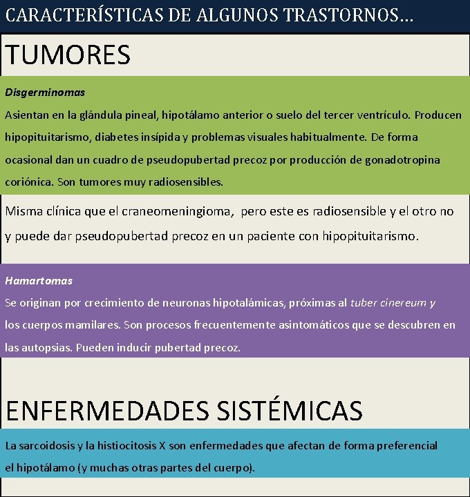 CARACTERÍSTICAS DE ALGUNOS TRASTORNOS… TUMORES Disgerminomas Asientan en la glándula pineal, hipotálamo anterior o