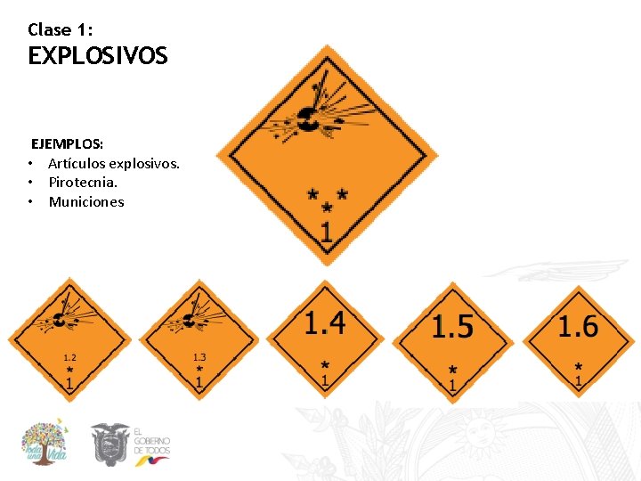 Clase 1: EXPLOSIVOS EJEMPLOS: • Artículos explosivos. • Pirotecnia. • Municiones 