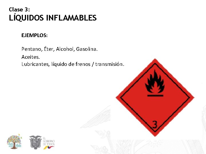 Clase 3: LÍQUIDOS INFLAMABLES EJEMPLOS: Pentano, Éter, Alcohol, Gasolina. Aceites. Lubricantes, líquido de frenos