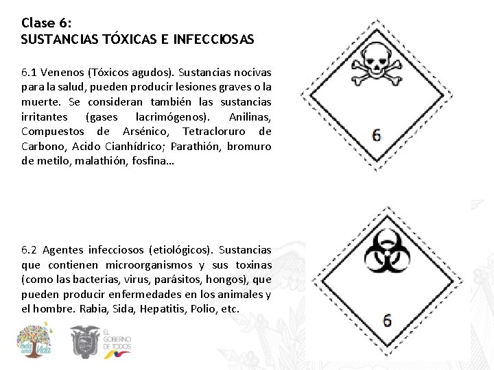 Clase 6: SUSTANCIAS TÓXICAS E INFECCIOSAS 6. 1 Venenos (Tóxicos agudos). Sustancias nocivas para