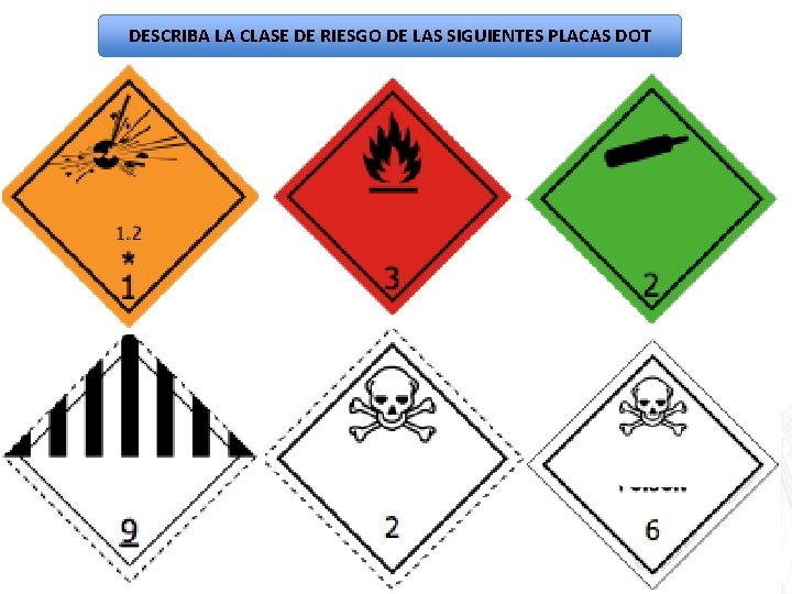 DESCRIBA LA CLASE DE RIESGO DE LAS SIGUIENTES PLACAS DOT 