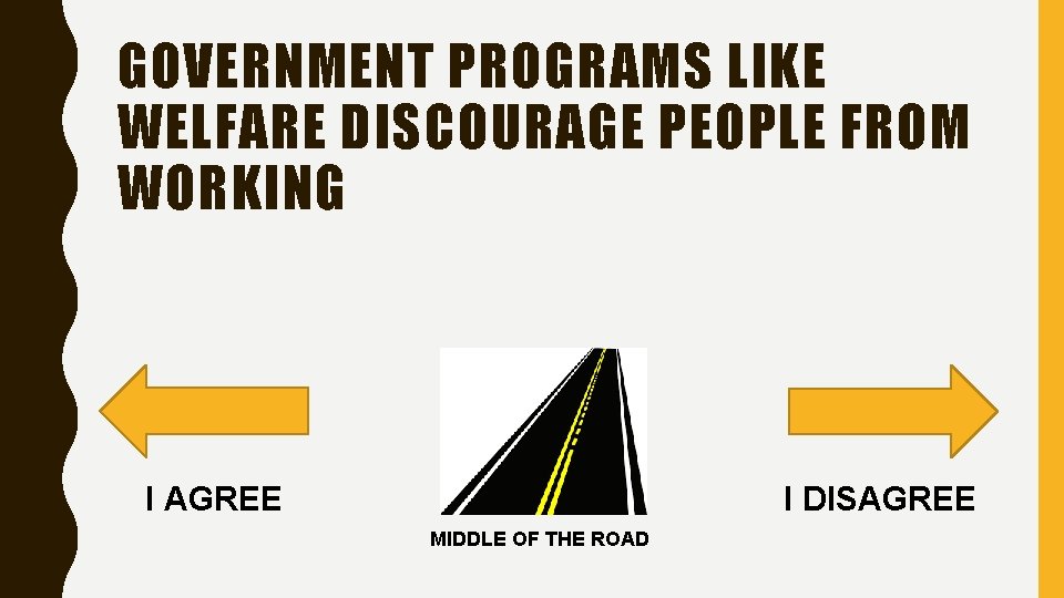 GOVERNMENT PROGRAMS LIKE WELFARE DISCOURAGE PEOPLE FROM WORKING I AGREE I DISAGREE MIDDLE OF