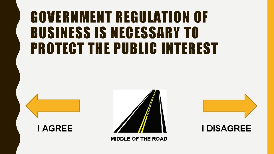 GOVERNMENT REGULATION OF BUSINESS IS NECESSARY TO PROTECT THE PUBLIC INTEREST I AGREE I