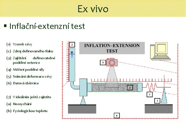 Ex vivo § Inflační-extenzní test (1) Vzorek cévy (2) Zdroj definovaného tlaku (3) Zajištění