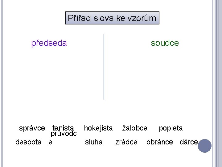 Přiřaď slova ke vzorům předseda soudce správce tenista hokejista žalobce popleta průvodc despota e