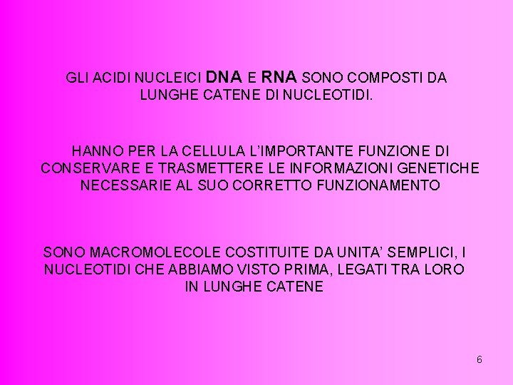 GLI ACIDI NUCLEICI DNA E RNA SONO COMPOSTI DA LUNGHE CATENE DI NUCLEOTIDI. HANNO