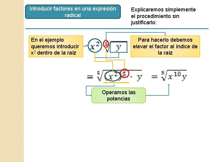 Introducir factores en una expresión radical En el ejemplo queremos introducir x 2 dentro