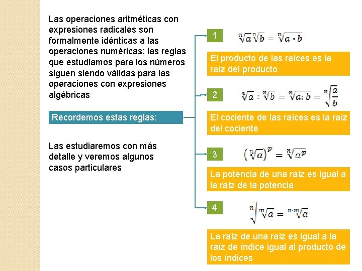 Las operaciones aritméticas con expresiones radicales son formalmente idénticas a las operaciones numéricas: las
