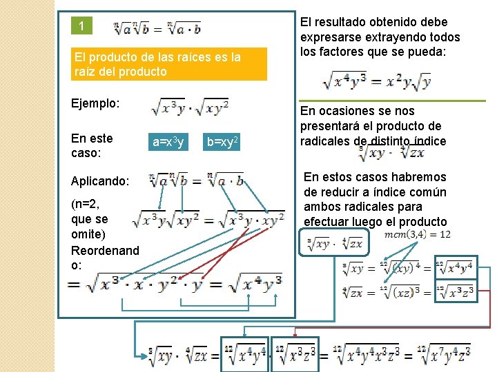 1 El producto de las raíces es la raíz del producto Ejemplo: En este