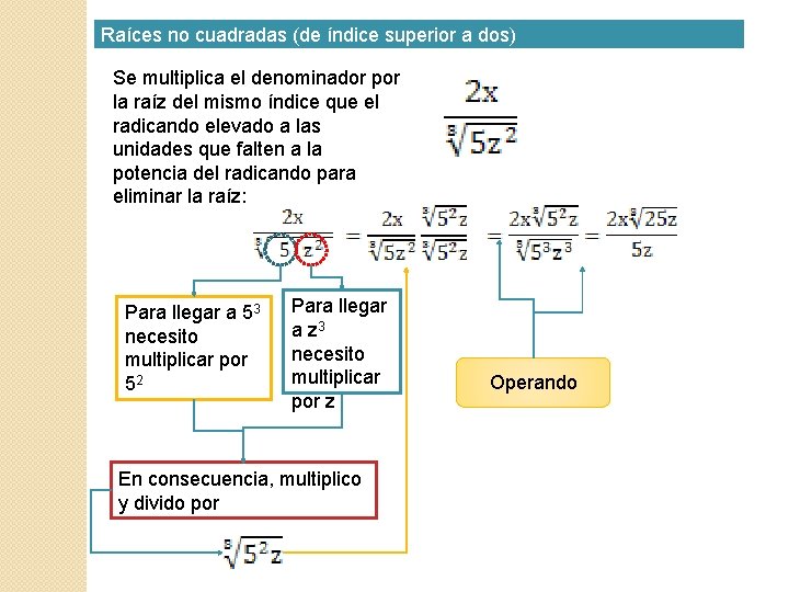 Raíces no cuadradas (de índice superior a dos) Se multiplica el denominador por la