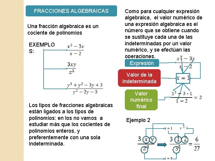 FRACCIONES ALGEBRAICAS Una fracción algebraica es un cociente de polinomios EXEMPLO S: Como para