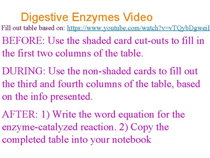Digestive Enzymes Video Fill out table based on: https: //www. youtube. com/watch? v=v. TQyb.