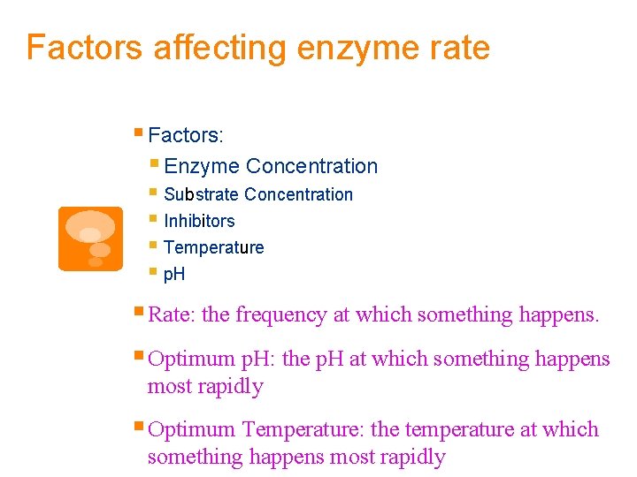 Factors affecting enzyme rate § Factors: § Enzyme Concentration § Substrate Concentration § Inhibitors
