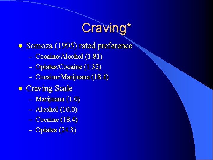 Craving* l Somoza (1995) rated preference – Cocaine/Alcohol (1. 81) – Opiates/Cocaine (1. 32)