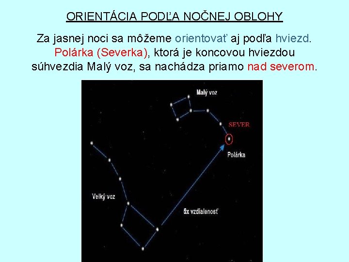 ORIENTÁCIA PODĽA NOČNEJ OBLOHY Za jasnej noci sa môžeme orientovať aj podľa hviezd. Polárka