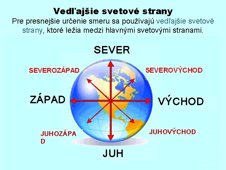 Vedľajšie svetové strany Pre presnejšie určenie smeru sa používajú vedľajšie svetové strany, ktoré ležia