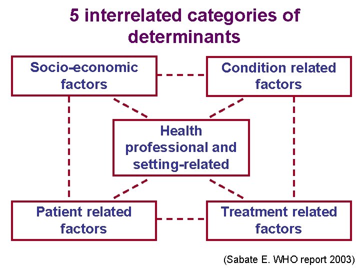 5 interrelated categories of determinants Socio-economic factors Condition related factors Health professional and setting-related