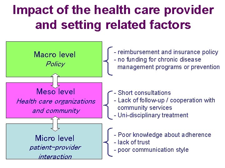 Impact of the health care provider and setting related factors Macro level Policy Meso