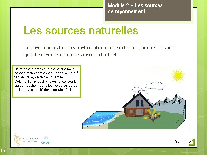 17 Module 2 – Les sources de rayonnement Les sources naturelles Les rayonnements ionisants