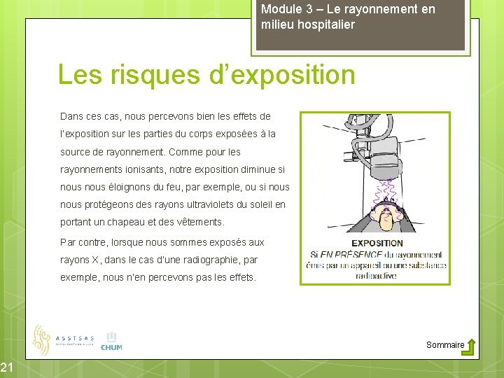 21 Module 3 – Le rayonnement en milieu hospitalier Les risques d’exposition Dans ces