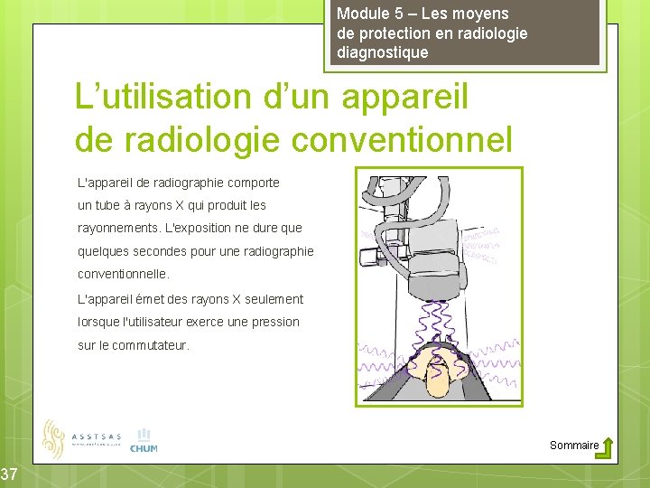 37 Module 5 – Les moyens de protection en radiologie diagnostique L’utilisation d’un appareil