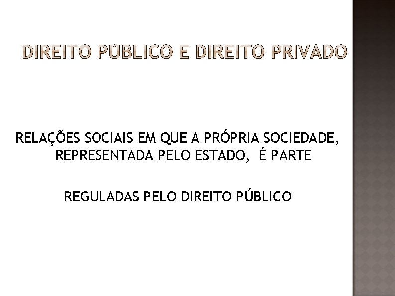 RELAÇÕES SOCIAIS EM QUE A PRÓPRIA SOCIEDADE, REPRESENTADA PELO ESTADO, É PARTE REGULADAS PELO