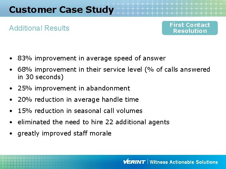 Customer Case Study Additional Results First Contact Resolution • 83% improvement in average speed