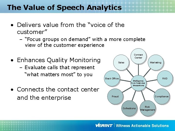 The Value of Speech Analytics • Delivers value from the “voice of the customer”