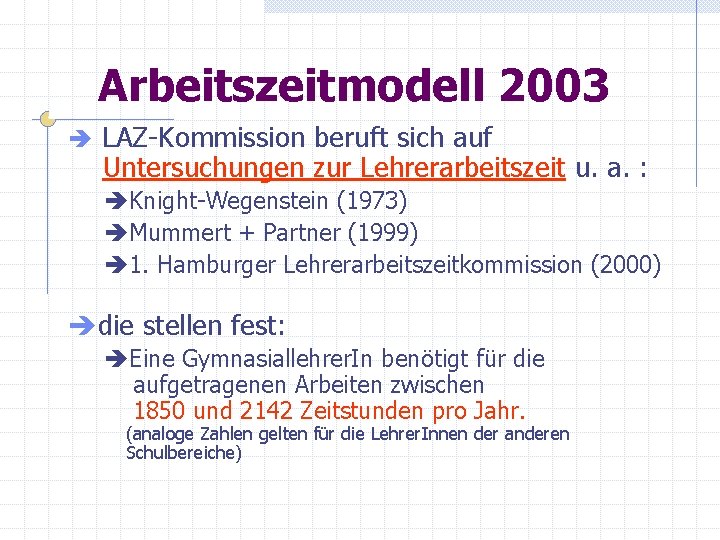 Arbeitszeitmodell 2003 è LAZ-Kommission beruft sich auf Untersuchungen zur Lehrerarbeitszeit u. a. : èKnight-Wegenstein