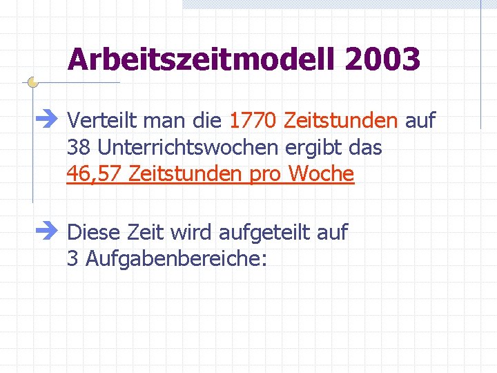 Arbeitszeitmodell 2003 è Verteilt man die 1770 Zeitstunden auf 38 Unterrichtswochen ergibt das 46,