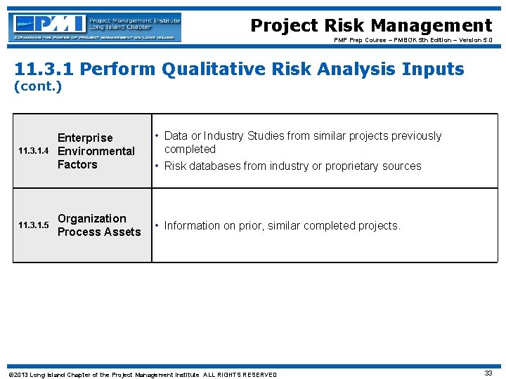 Project Risk Management PMP Prep Course – PMBOK 5 th Edition – Version 5.