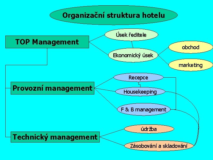 Organizační struktura hotelu TOP Management Úsek ředitele obchod Ekonomický úsek marketing Recepce Provozní management