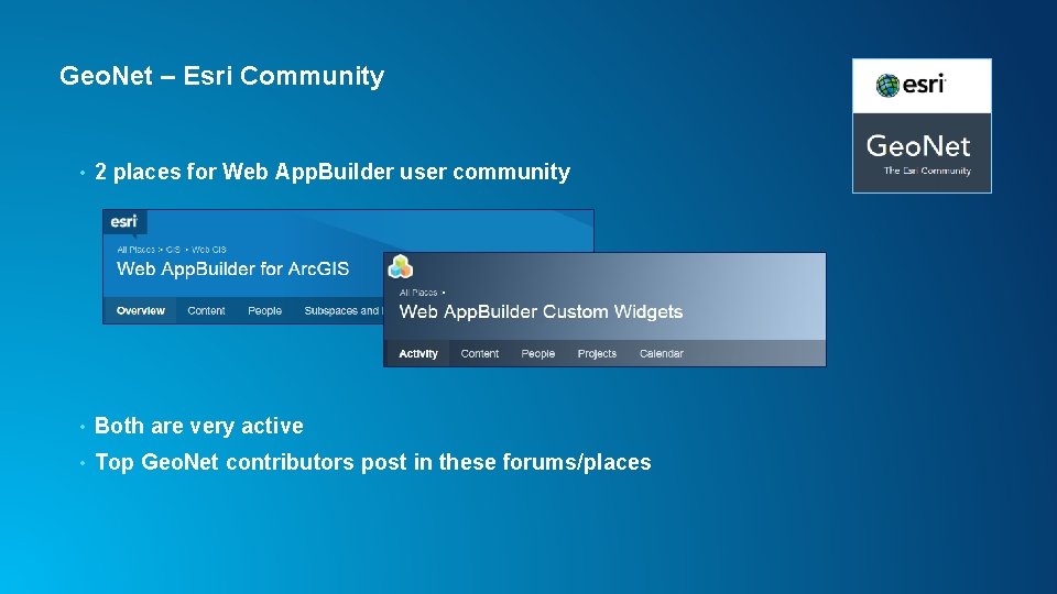 Geo. Net – Esri Community • 2 places for Web App. Builder user community Geo. Net – Esri Community • 2 places for Web App. Builder user community