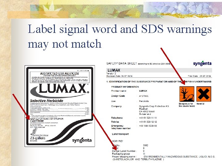 Label signal word and SDS warnings may not match 