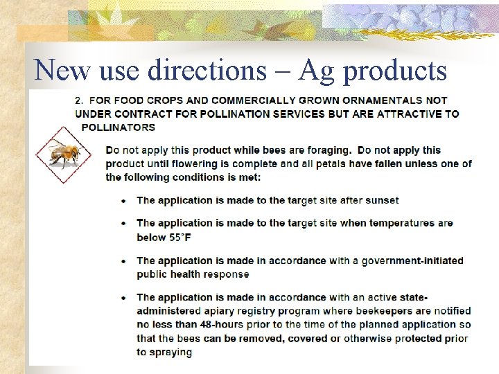 New use directions – Ag products 