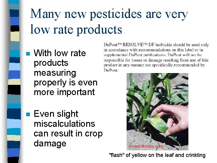 Many new pesticides are very low rate products n With low rate products measuring