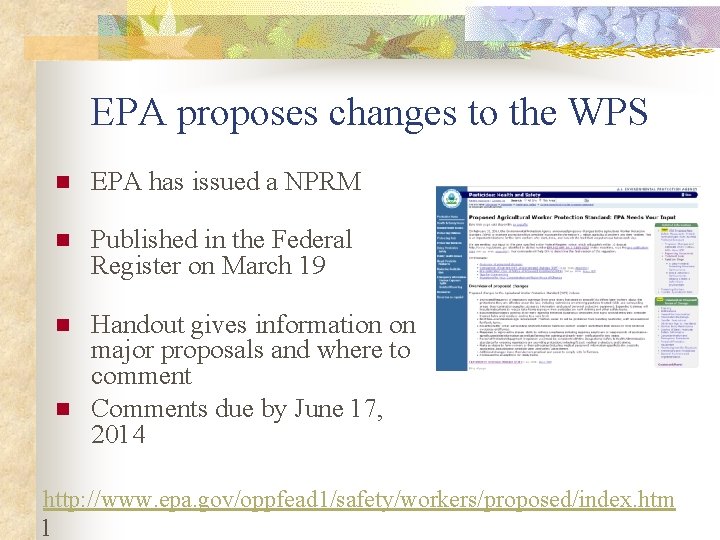 EPA proposes changes to the WPS n EPA has issued a NPRM n Published