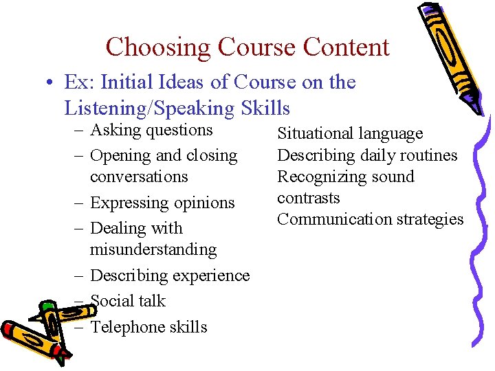 Choosing Course Content • Ex: Initial Ideas of Course on the Listening/Speaking Skills –