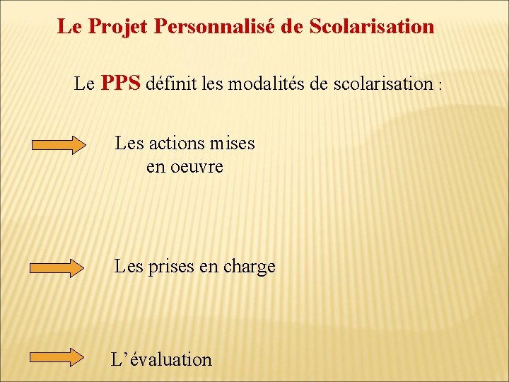 Le Projet Personnalisé de Scolarisation Le PPS définit les modalités de scolarisation : Les