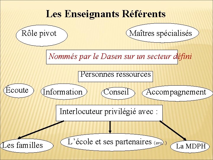 Les Enseignants Référents Rôle pivot Maîtres spécialisés Nommés par le Dasen sur un secteur