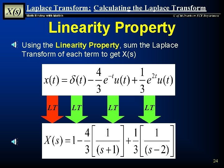 X(s) Laplace Transform: Calculating the Laplace Transform Linearity Property § Using the Linearity Property,