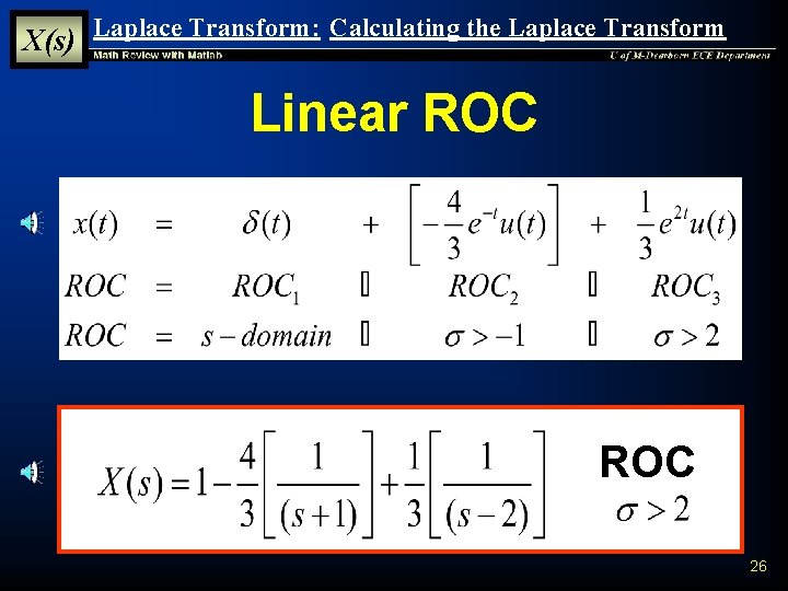 X(s) Laplace Transform: Calculating the Laplace Transform Linear ROC 26 
