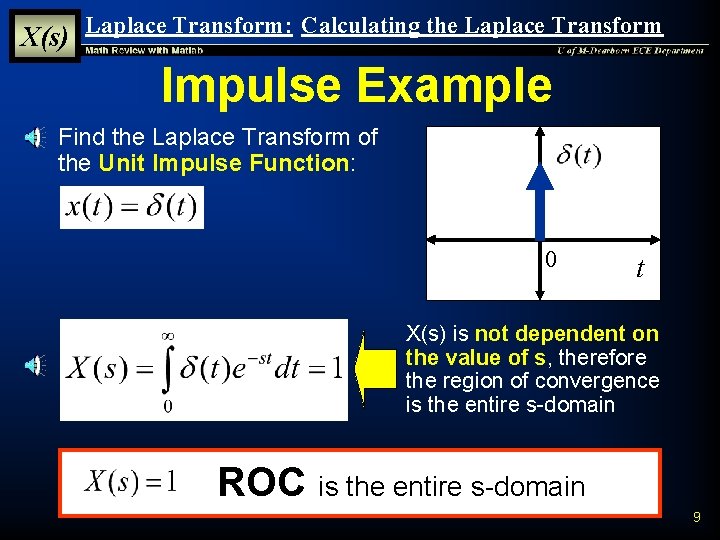 X(s) Laplace Transform: Calculating the Laplace Transform Impulse Example § Find the Laplace Transform