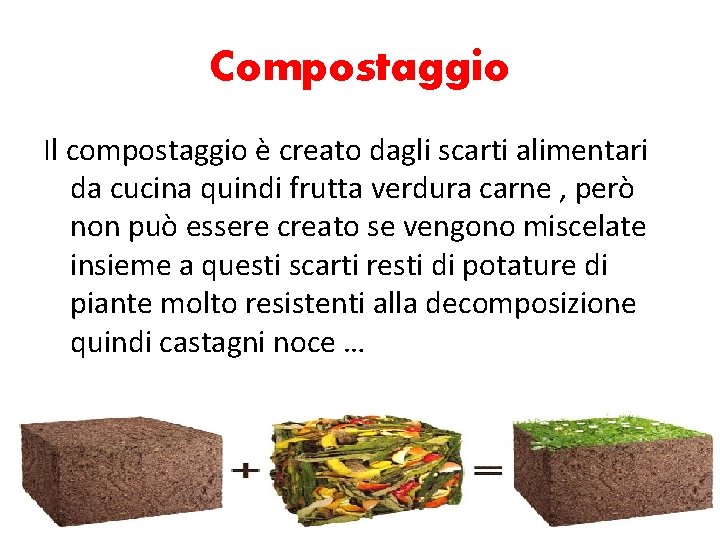 Compostaggio Il compostaggio è creato dagli scarti alimentari da cucina quindi frutta verdura carne