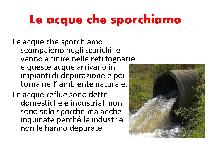 Le acque che sporchiamo scompaiono negli scarichi e vanno a finire nelle reti fognarie